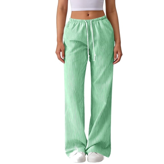 Kvture Womens Striped Pants Drawstring Wide Leg Pant Elastic Waist Flowy Casual Trousers Summer Vacation Wear Slacks Green Pant M