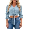 thumbnail image 2 of ClodeEU Women's V Neck Long Sleeve Button Down Bow Waist Crop Shirt Top, Casual Solid Color Blouse Blue,Women's Plus L, 2 of 7