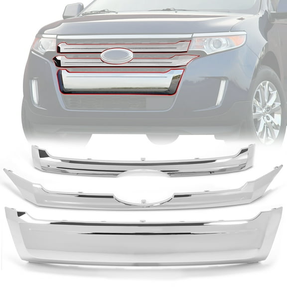 Kojem Front Chrome Upper & Central & Lower Grille Trim Molding for 2011-2014 Ford Edge Replaces BT4Z-8200-C BT4Z-8200-D FO1087132 BT4Z-8200-E 3Pcs