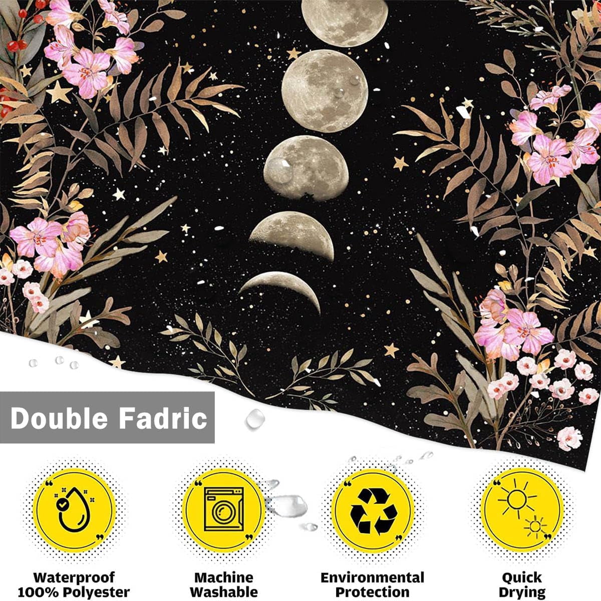 Moon Shower Curtain Floral Shower Curtain with 12 Hooks Black Witchy Gothic Aesthetic Bathroom Decor Waterproof Fabric Shower Curtain, 72''''X72''''