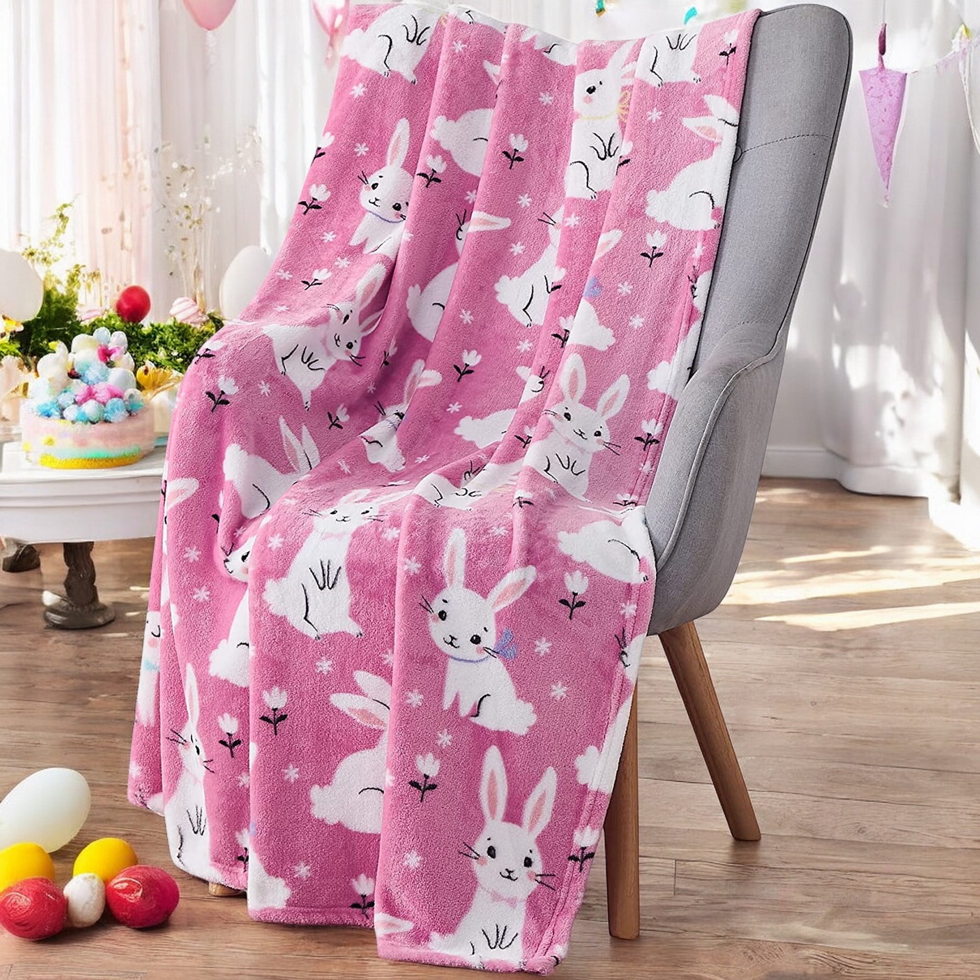 Serafina Home Spring Easter Bunny Throw Blanket, Soft Cozy Velvet Fleece, Pink And White, 50" x 60" Inch