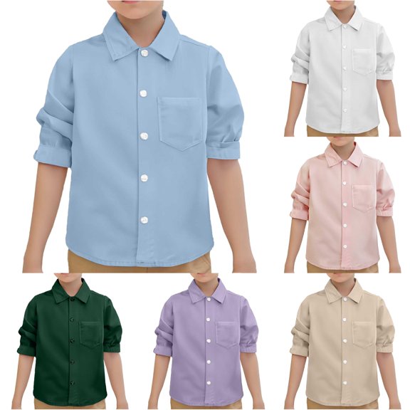 Gyujnb Lapel Long Sleeve Pocket Button Down Shirt School Uniform Casual Daily Wear (Toddler to Big Boys),6-12 Months