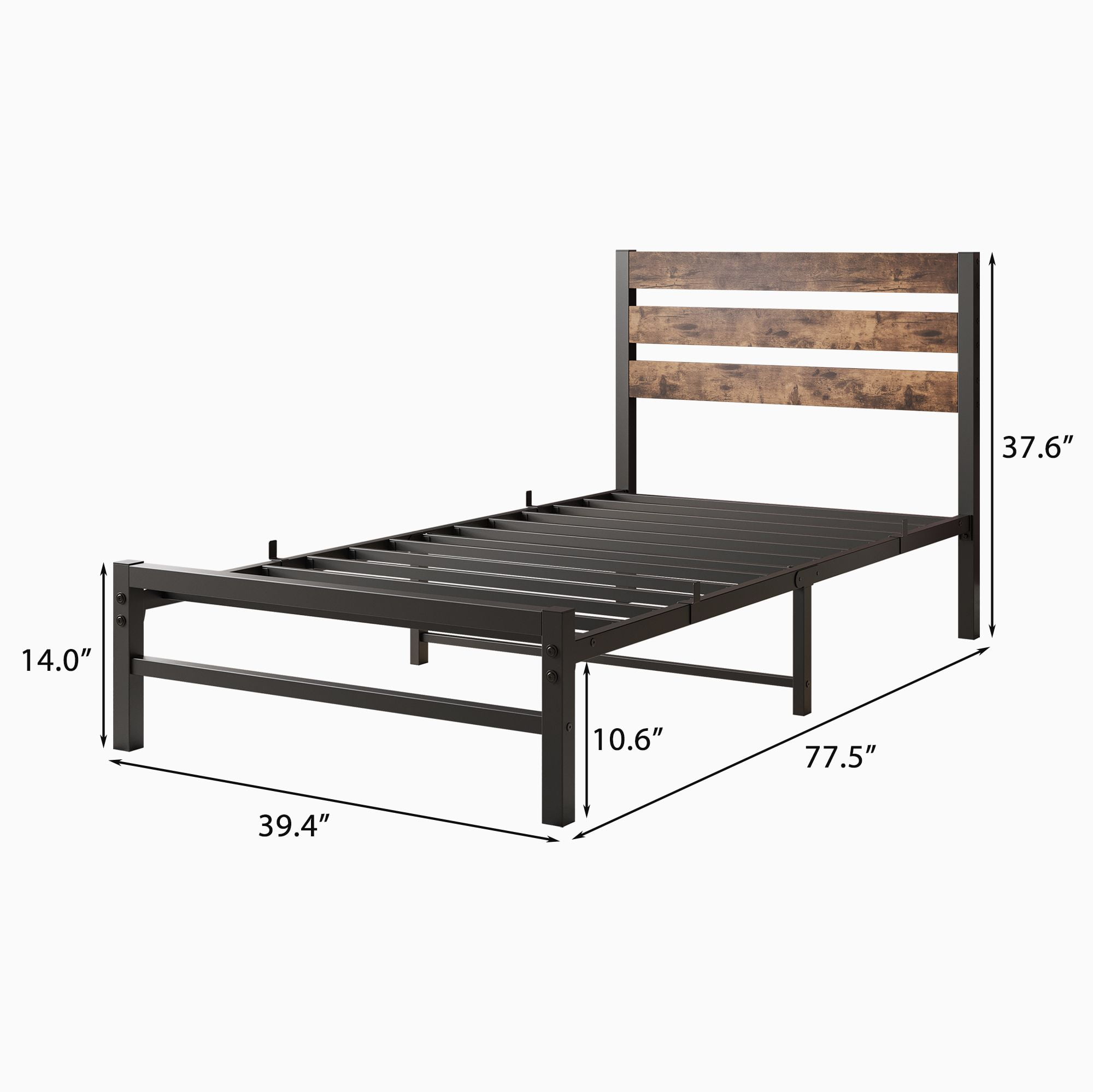 Aukfa Twin Size Platform Bed, Metal Bed Frame with Wood Headboard, Rustic Brown