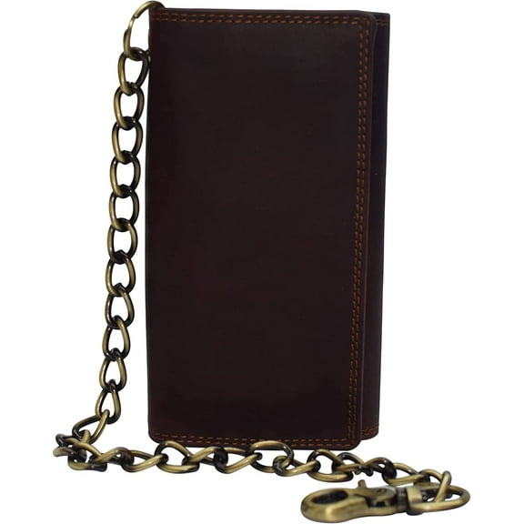 CAZORO USA Motorcycle Chain Wallet for Men  100% Natural Genuine Leather, Long Trifold RFID Blocking, Credit Card Money Organizer - Mens Trucker Biker Metal Chain Wallets Vintage Brown