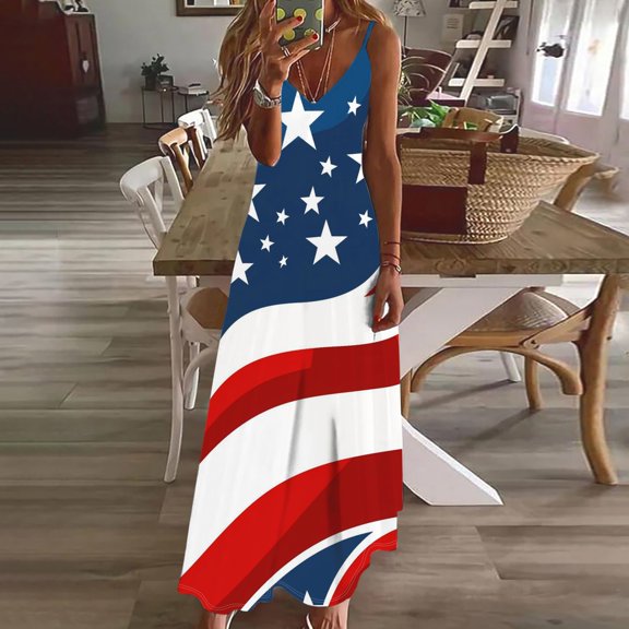 Vetsdori Women's Red White and Blue Maxi Dress Fourth of July Graphic Slip Dress Tank Summer Backless Casual,V-Neck Dress for Women Ankle Length