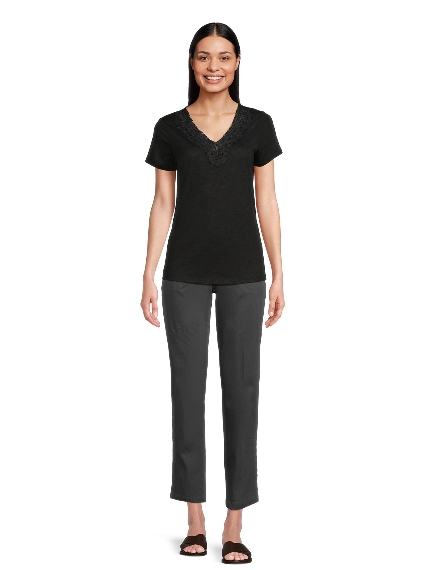 RealSize Women's Lace V-Neck Tee with Short Sleeves, Sizes XS-XXXL