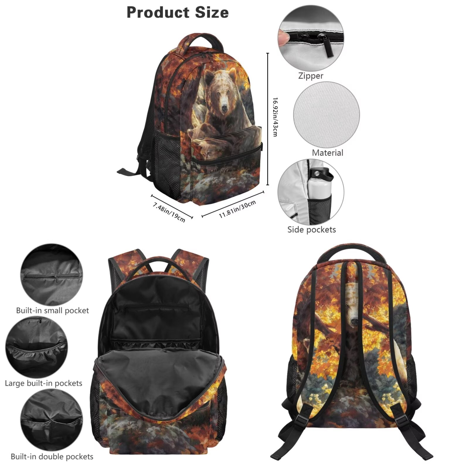 Pzuqiu Bear Print Kids Backpack Set for Boys with Lunch Box Water Bottle Bag Kawaii Backpacks for School with Adjustable Shoulder Strap,5pcs Large Capacity Student Bag