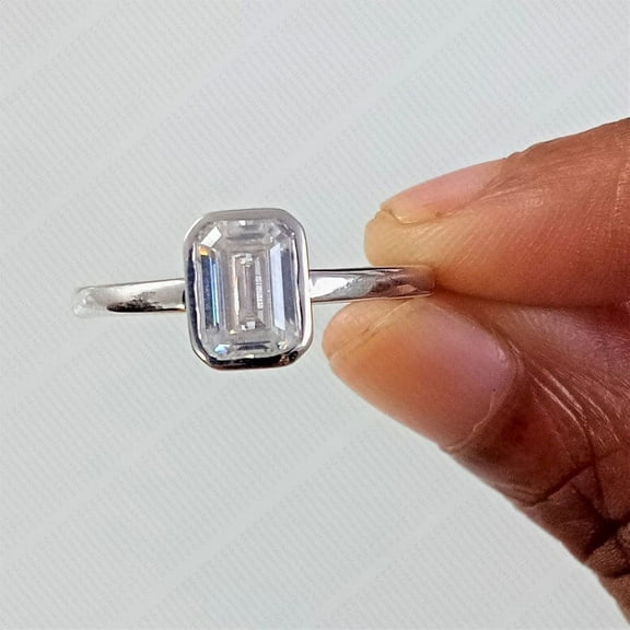 Emerald Cut Moissanite Engagement Ring Solitaire Solid Silver Anniversary Gift Rings Moissanite Promise Ring For Women