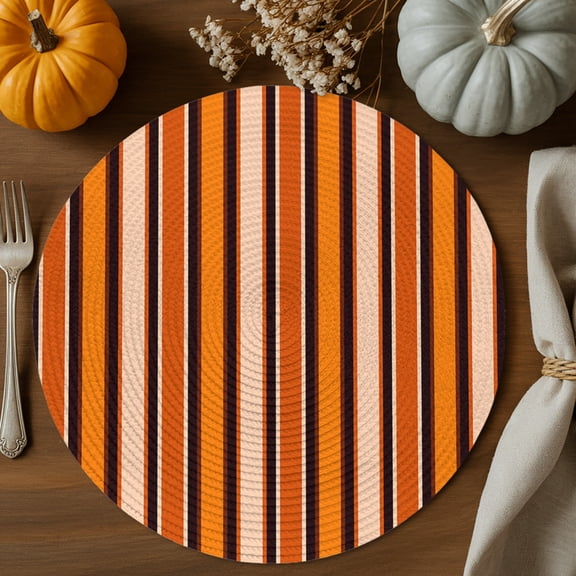 Vintage Striped Round Braided Placemats Set of 4, Orange Brown Black Stripes Simple Country Heat Insulation Place Mats Washable Non-Slip Table Mats for Kitchen Dining Party, 15 Inches
