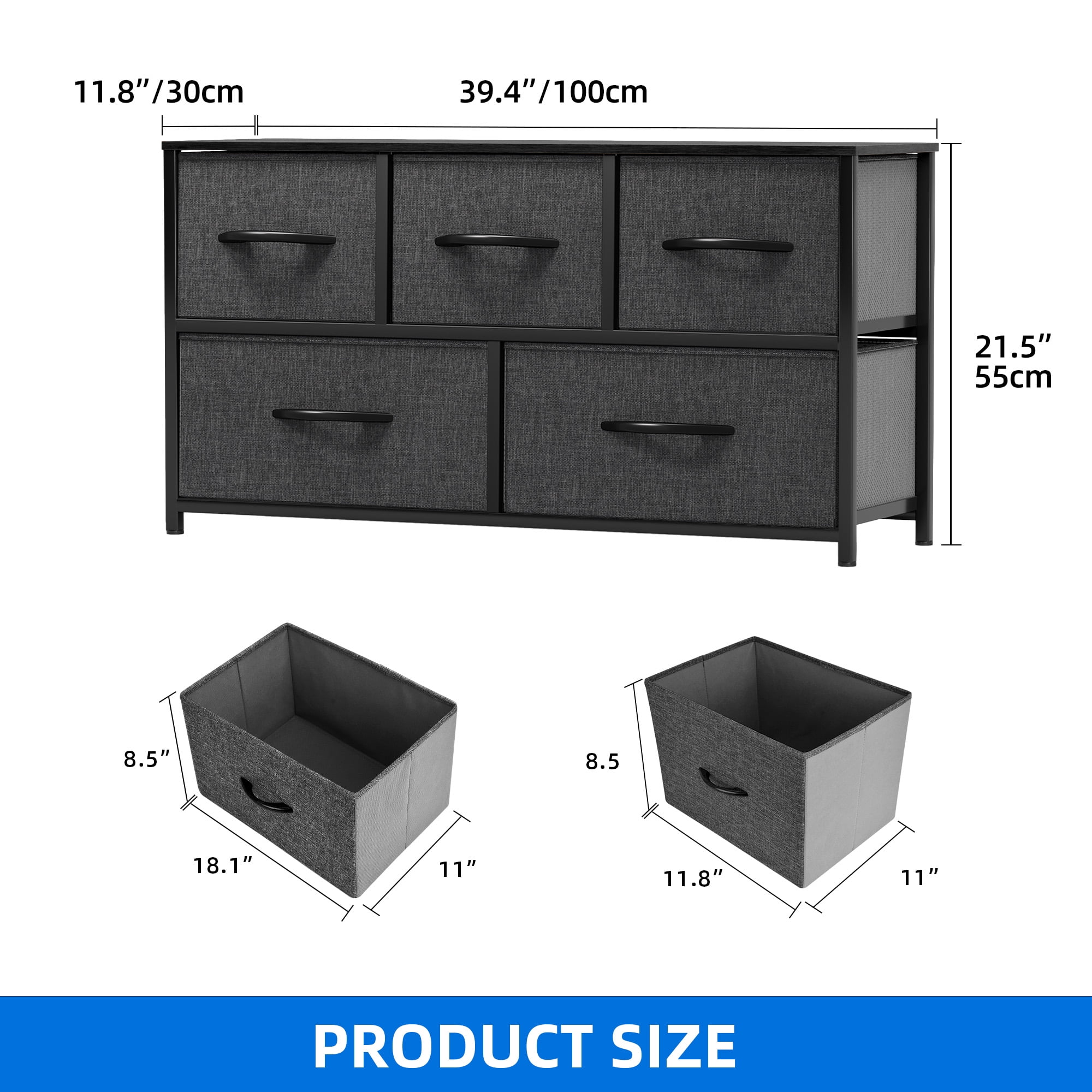 DEXTRUS 5 Drawers Wide Storage Fabric Dresser with Sturdy Steel Frame, Easy Pull Fabric Bins for Living Room, Closets for Adult, Black