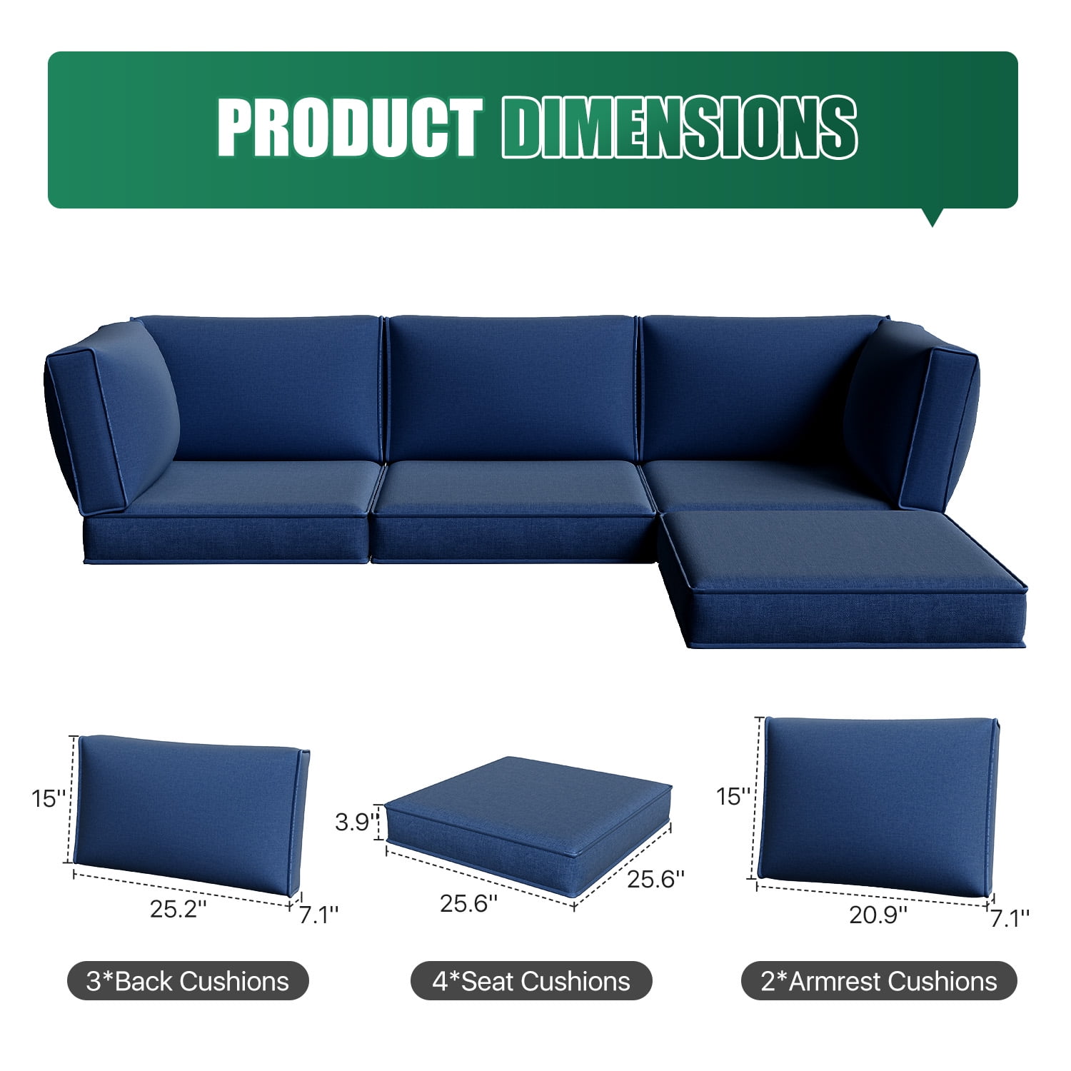 Clouddwell 9-Piece Outdoor Cushion Set for 4-Seat Wicker Sectional - Waterproof, High-Resilience Foam (Navy Blue)