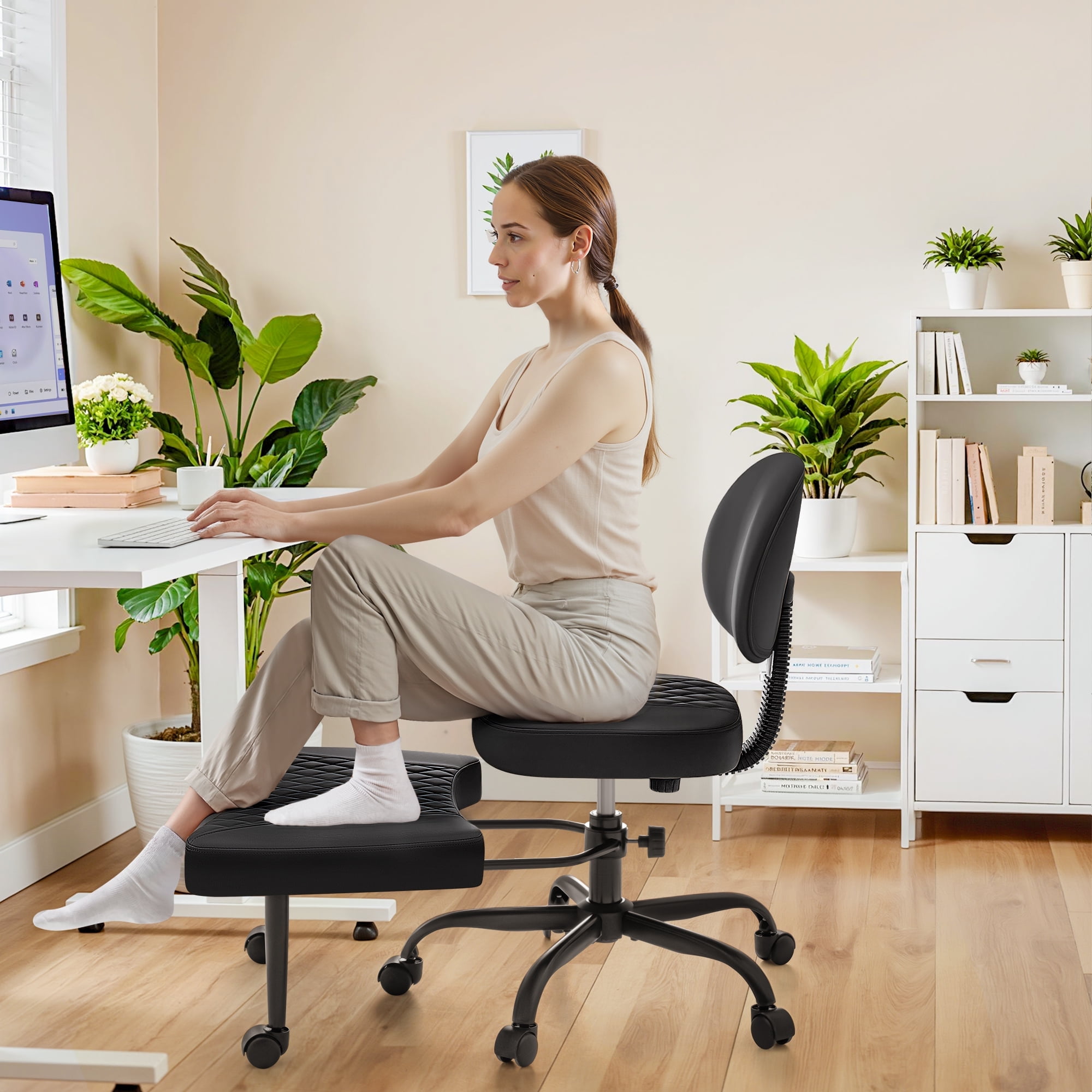 Homall Ergonomic Cross Legged Chair,361°Swivel Wheels, Height Adjustable Ergonomic Kneeling Desk Chairs for ADHD,Meditation ,Yoga and Home Office with Strong Lumbar Support,PU Leather,Black