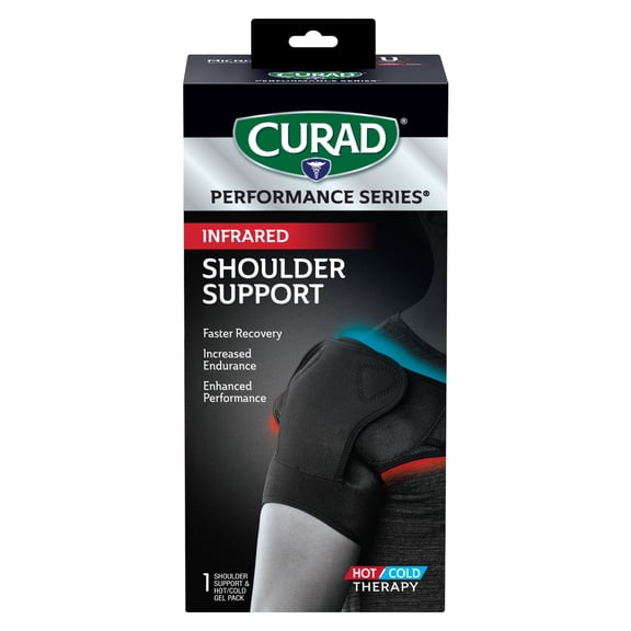 CURAD® Performance Series® Infrared Shoulder Support with Hot/Cold Therapy, Elastic Adjustable Brace with Removable Gel Compress, Fits Right or Left