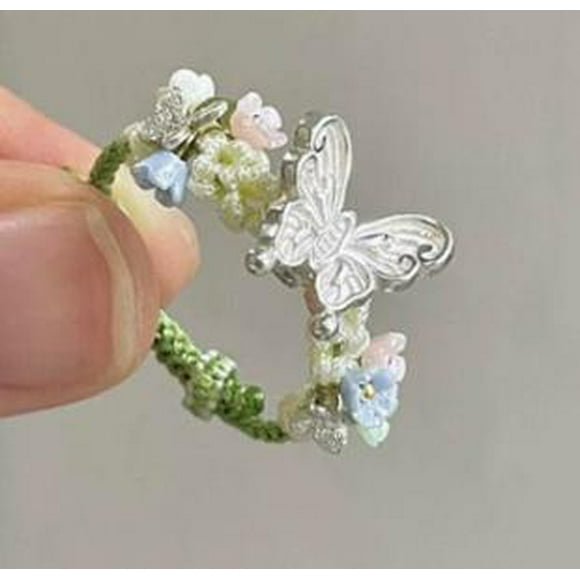 Anillo de flores de mariposa exquisita estilo vintage de cuerda verde tejido de dedo ajustable joyería elegante para mujeres