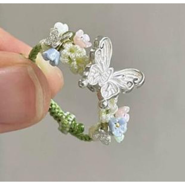 Anillo de flores de mariposa exquisita estilo vintage de cuerda verde tejido de dedo ajustable joyería elegante para mujeres