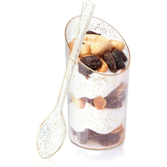 60 Pack  Mini Dessert Shooter Cups 3 oz with Spoons Set, Disposable Clear Plastic Appetizer Parfait Cup with Gold Glitter