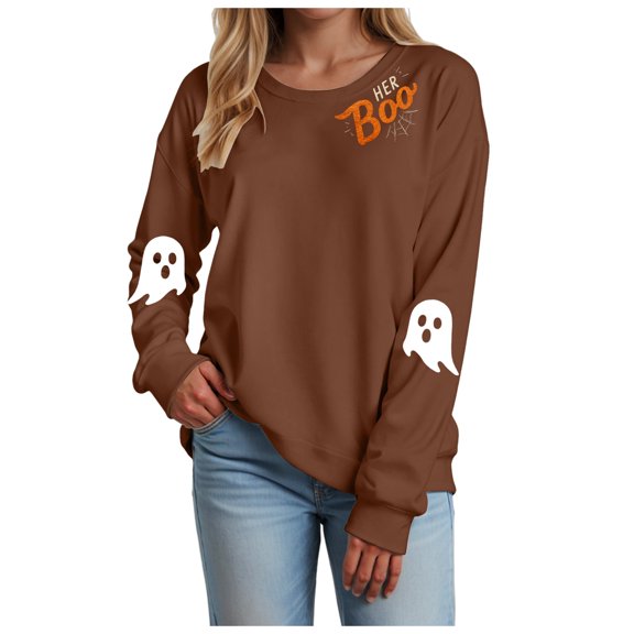 Dmsael Halloween Shirts for Women Long Sleeve Crewneck Casual Dressy Tops Funny Graphic Halloween Fall Fashion Outfits(Brown,M)