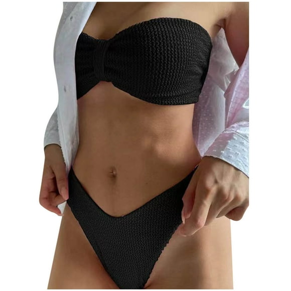 Bigersell Womens 2 Piece Bandeau Swimsuit , High Cut Strapless Swimsuits , Cheeky Two Piece Bathing Suits Knit Bandeau Bikini 2 Piece Swimwear Black L