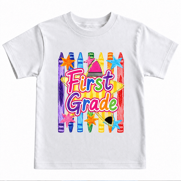 Godmerch Colorful First Grade Crayon Stars Back to School Shirt for Kids Youth Graphic T Shirt First Day Tee