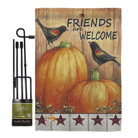 Breeze Decor BD-HA-GS-113059-IP-BO-D-US16-AL 13 x 18.5 in. Welcome Friends Crows Fall Harvest & Autumn Vertical Double Sided Mini Garden Flag Set with Banner Pole