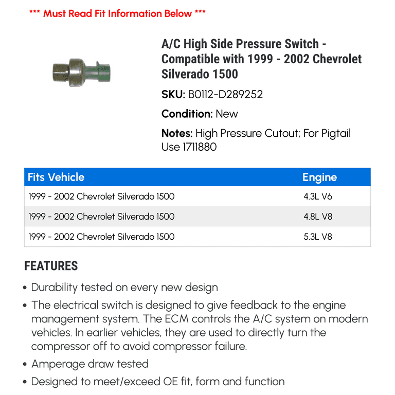 Cハイドロスプラッシュ A/C High Side Pressure Switch - Compatible with 1999 - 2002