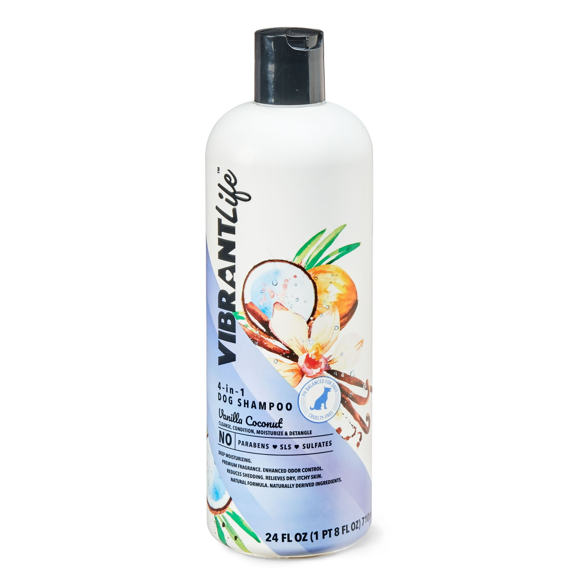 Vibrant Life 4-in-1 Dog Shampoo, Vanilla Coconut Scent, Cleanse, Condition, Moisturize and Detangle your dog's fur, 24 fl oz