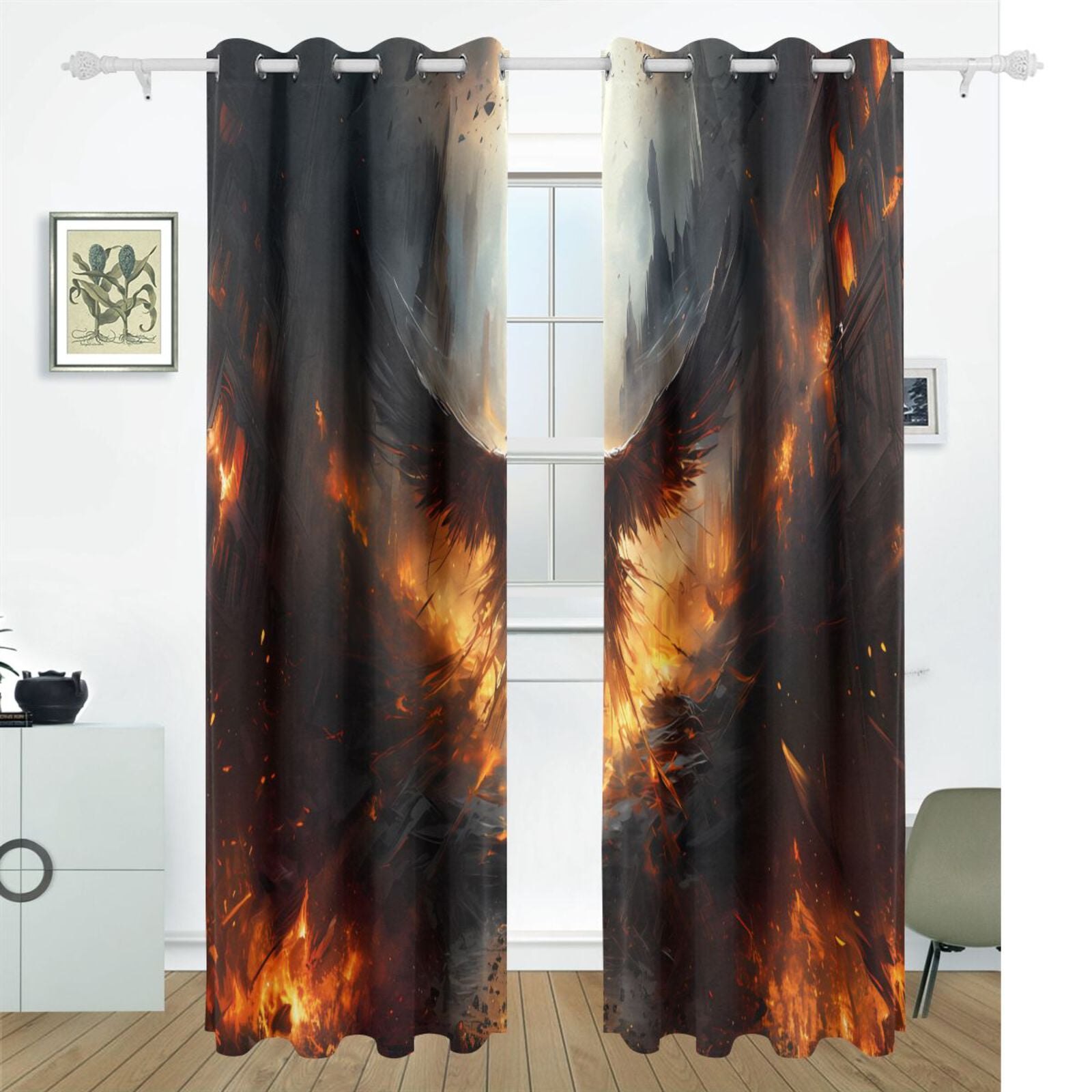Bird Wings Fire Houses Black Out Curtains 72 Inch Length Curtains for Sliding Glass Doors Bedroom Living Room 2 Pack
