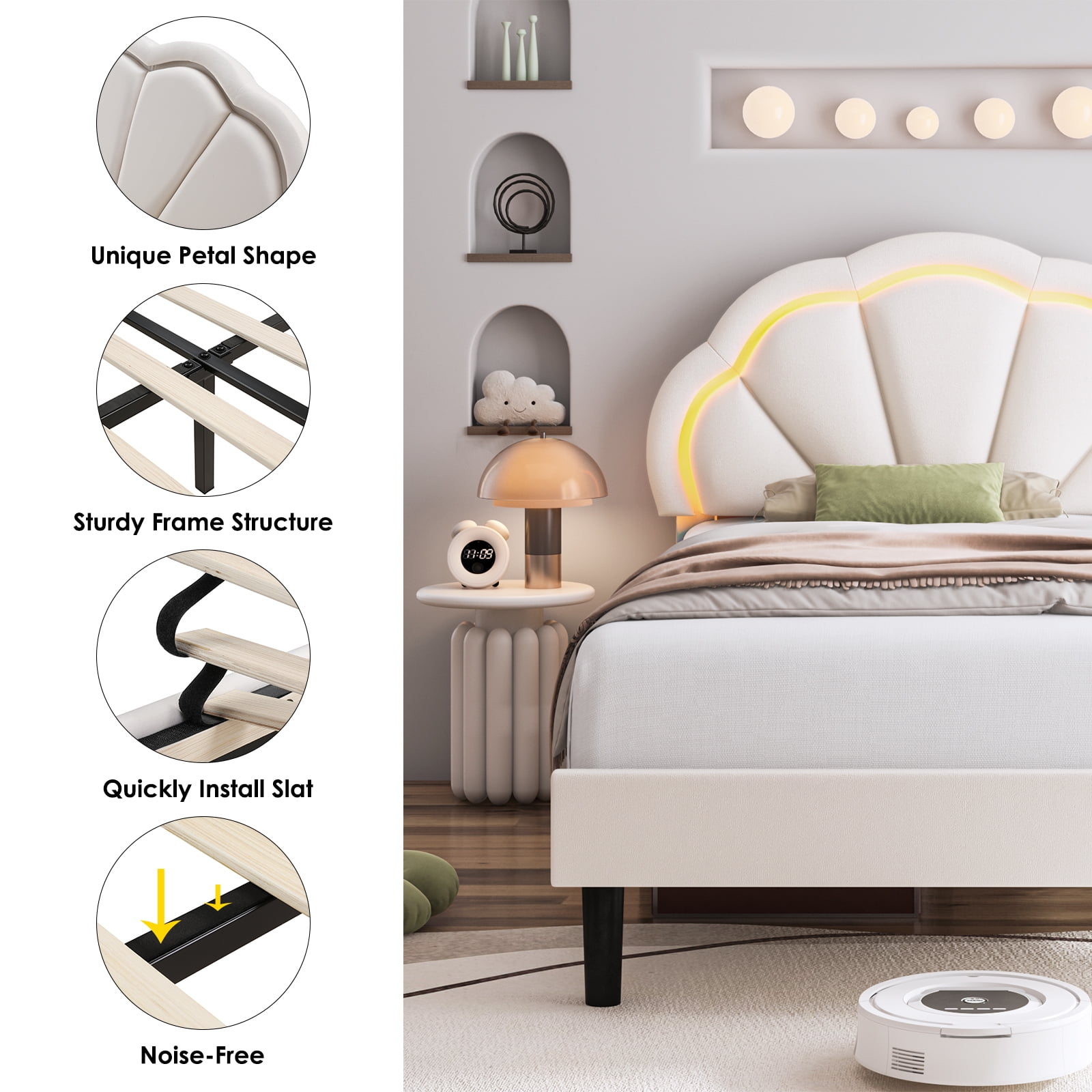 Homfa LED Bed Frame, Twin Size Velvet Upholstered Platform Bed with Adjustable Headboard, Lights Seashell Bed, Off-White
