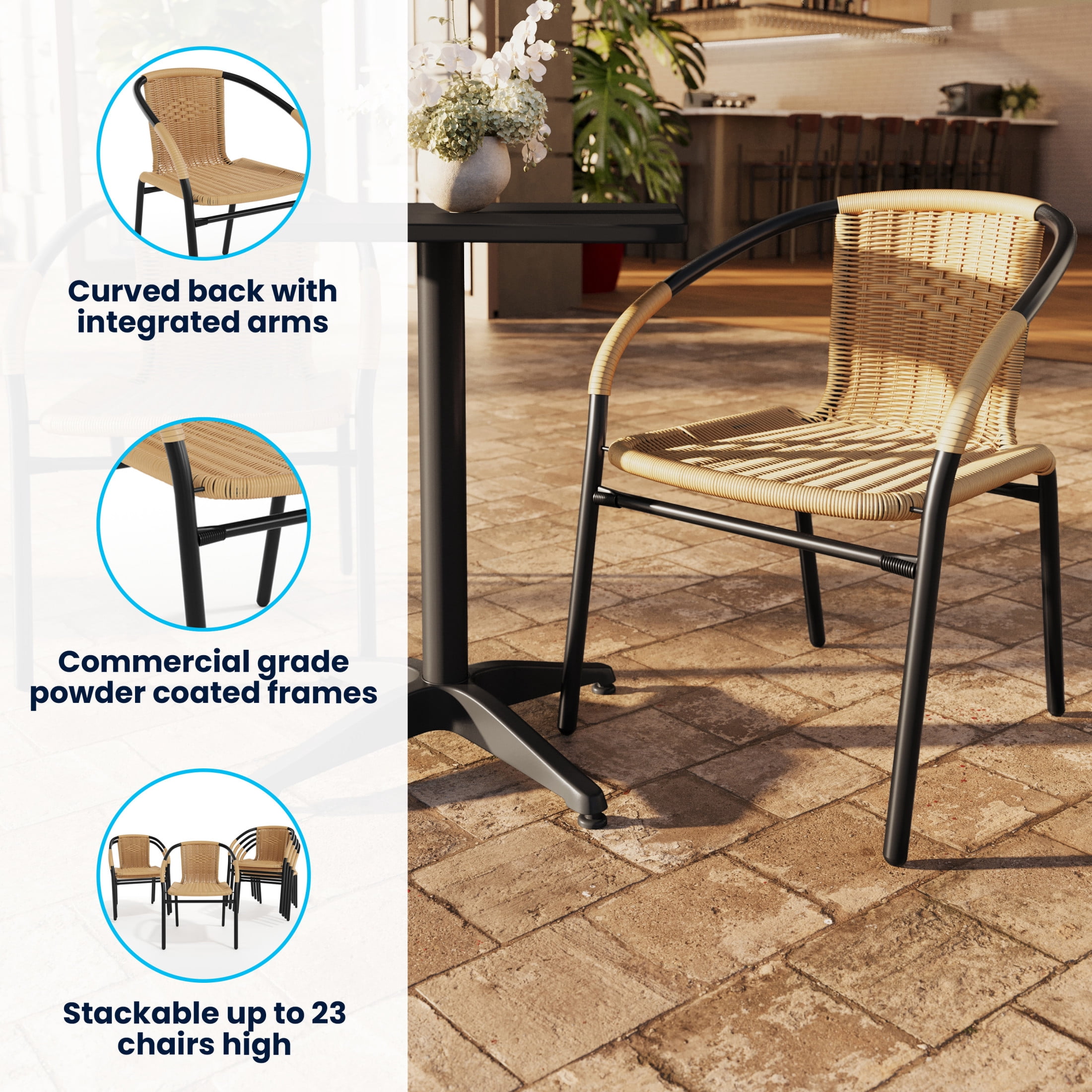 BizChair Set of 2 Commercial Grade Beige Rattan Indoor-Outdoor Restaurant Stack Chairs