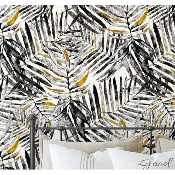 S4Sassy Hand Painted Palm Leaves Wallpaper- Black Wall Covering, 25" x 120" Self-Adhesive Vinyl Wallpaper, Decorative Walls Wrap, Easy DIY Wall Covering For Bedroom, Living Room, Living Space