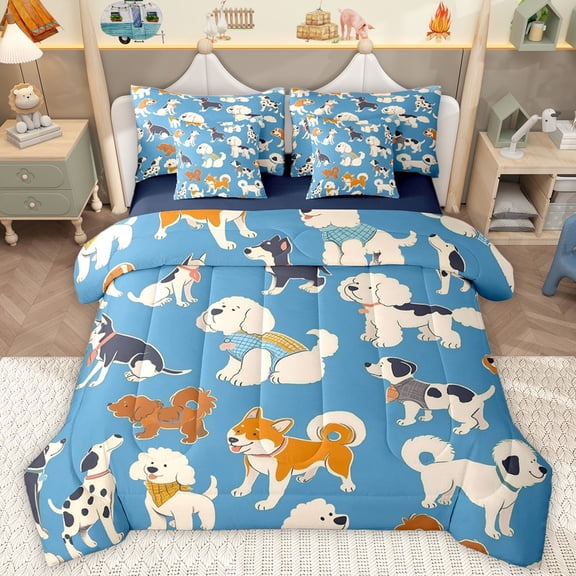 Homewish Kids Children Cartoon Dogs Twin Bedding Sets 7-Piece,Kawaii Animal Bedding Comforter Set Microfiber,Cute Pets Breathable Sheet Sets,Lightweight Room Decor,Reversible
