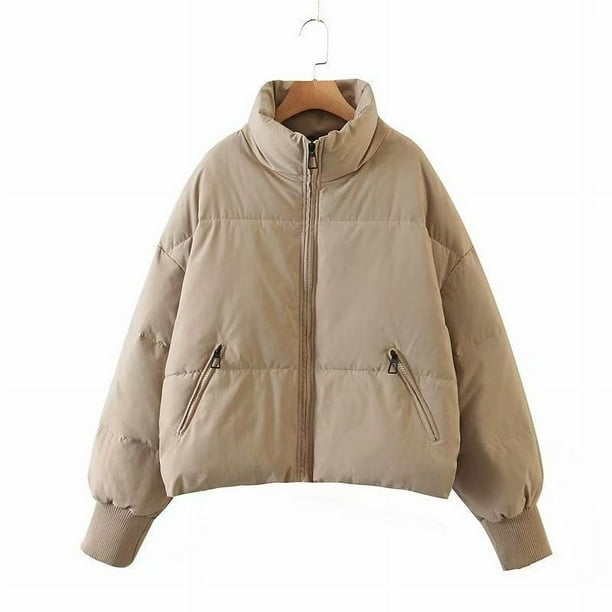 Chaqueta de algodón cálida y sencilla con cuello alto, informal, urbana y versátil para mujer