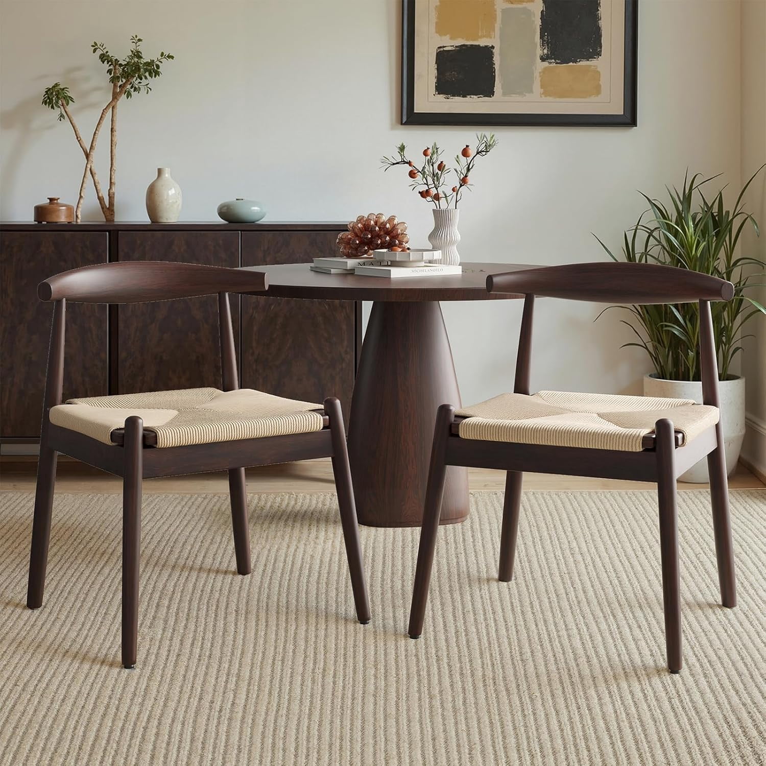 Farini Mid-Century Dining Chairs Set of 4, Solid Wood Frame & Woven Leather Seats, Latte-Beige