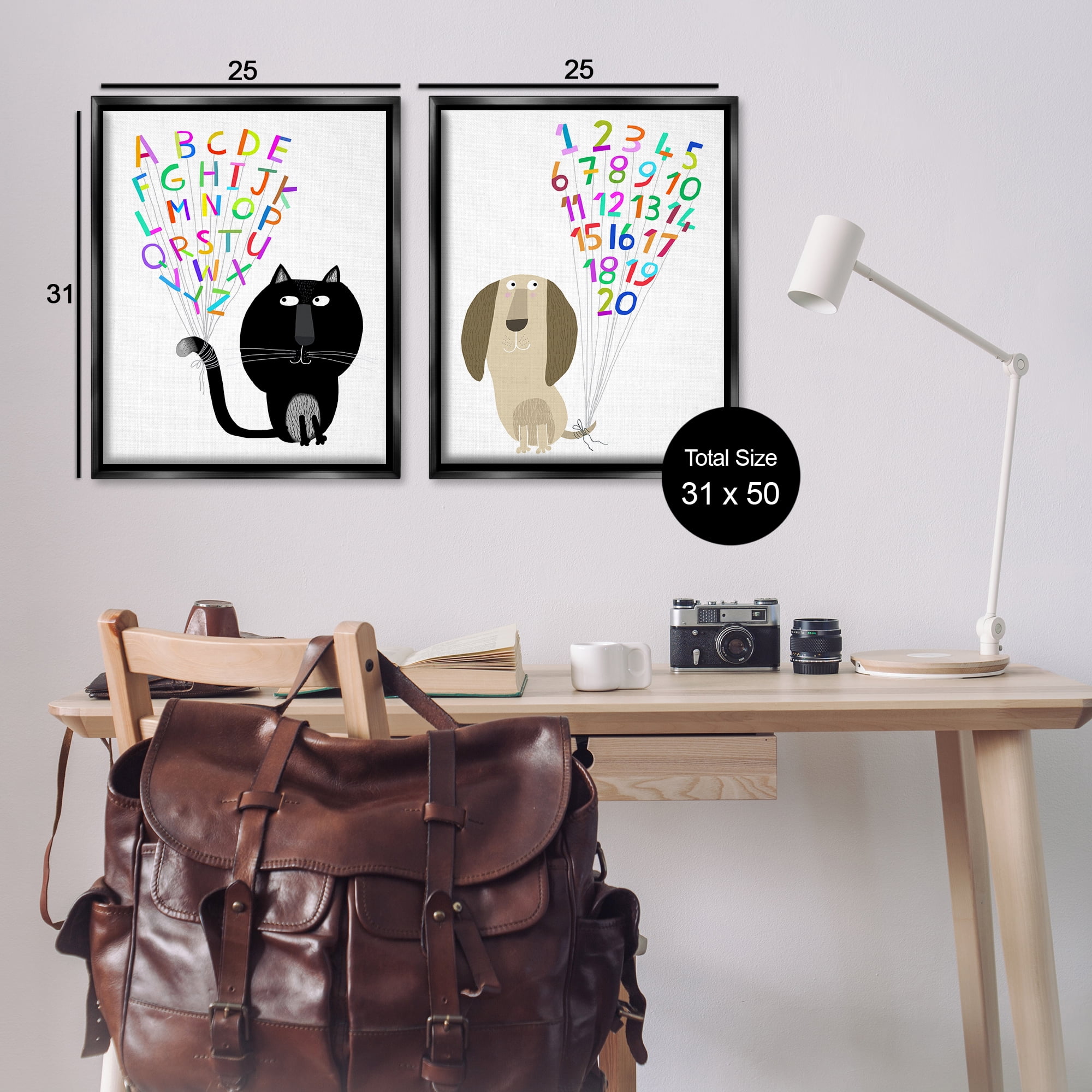 Stupell Industries Cat Dog Alphabet Numbers Education Painting Black Floater Framed Canvas Art Print Wall Art, 31 x 25, Set of 2