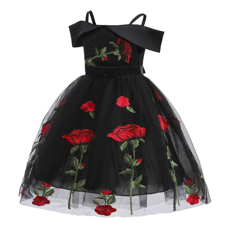 REORIAFEE Juniors Girl Bridesmaid Dress Wedding Flower Girls Formal Pageant Party  Evening Prom Gowns Net Yarn Flowers Mesh Print Bow Ruffles Birthday Party  Gown Long Dresses Black 6-7 Years - Walmart.com
