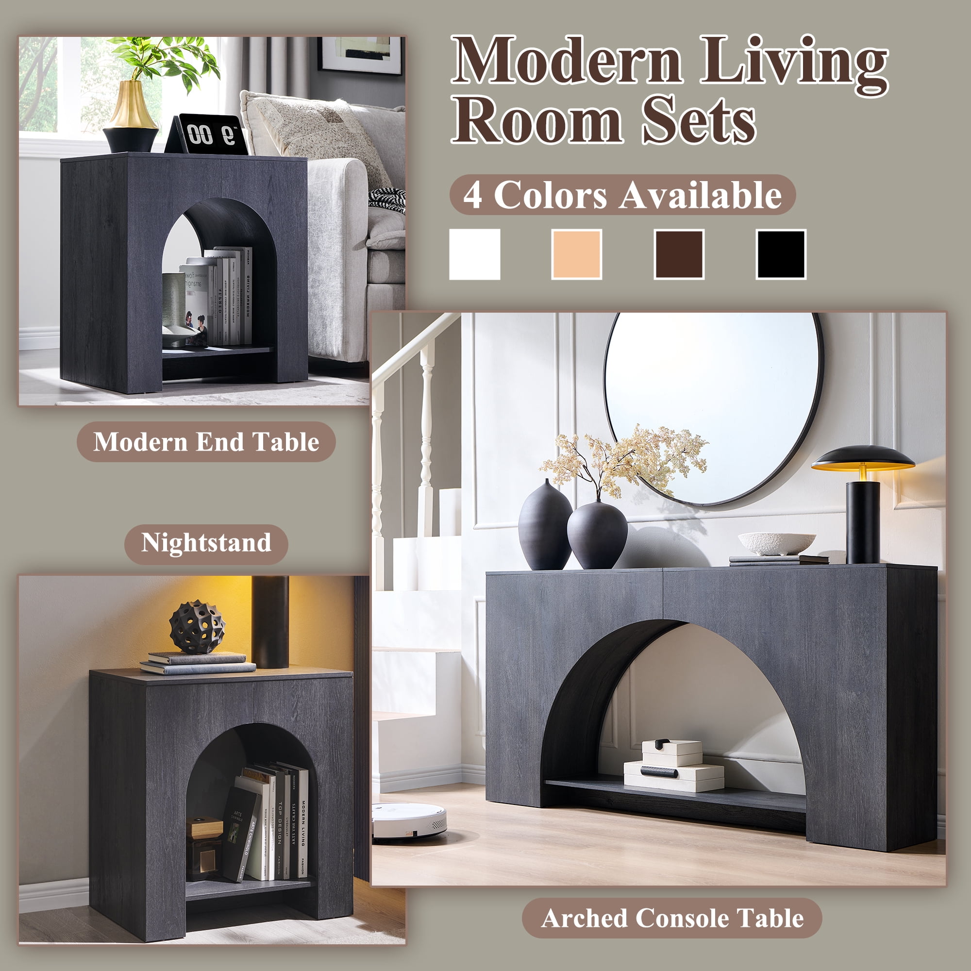 SinCiDo Modern Arched Nightstand with Charging Station, Bedside Table with Open Shelf Storage for Bedroom, Living Room