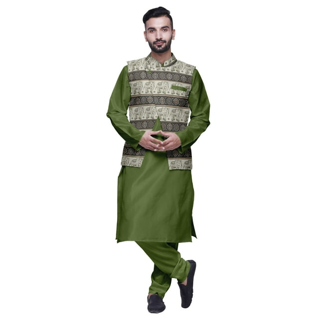 Atasi Kurta Churidar Uni pour Homme à Col Mandarin, Pyjama et Ensemble de Veste Nehru Imprimée
