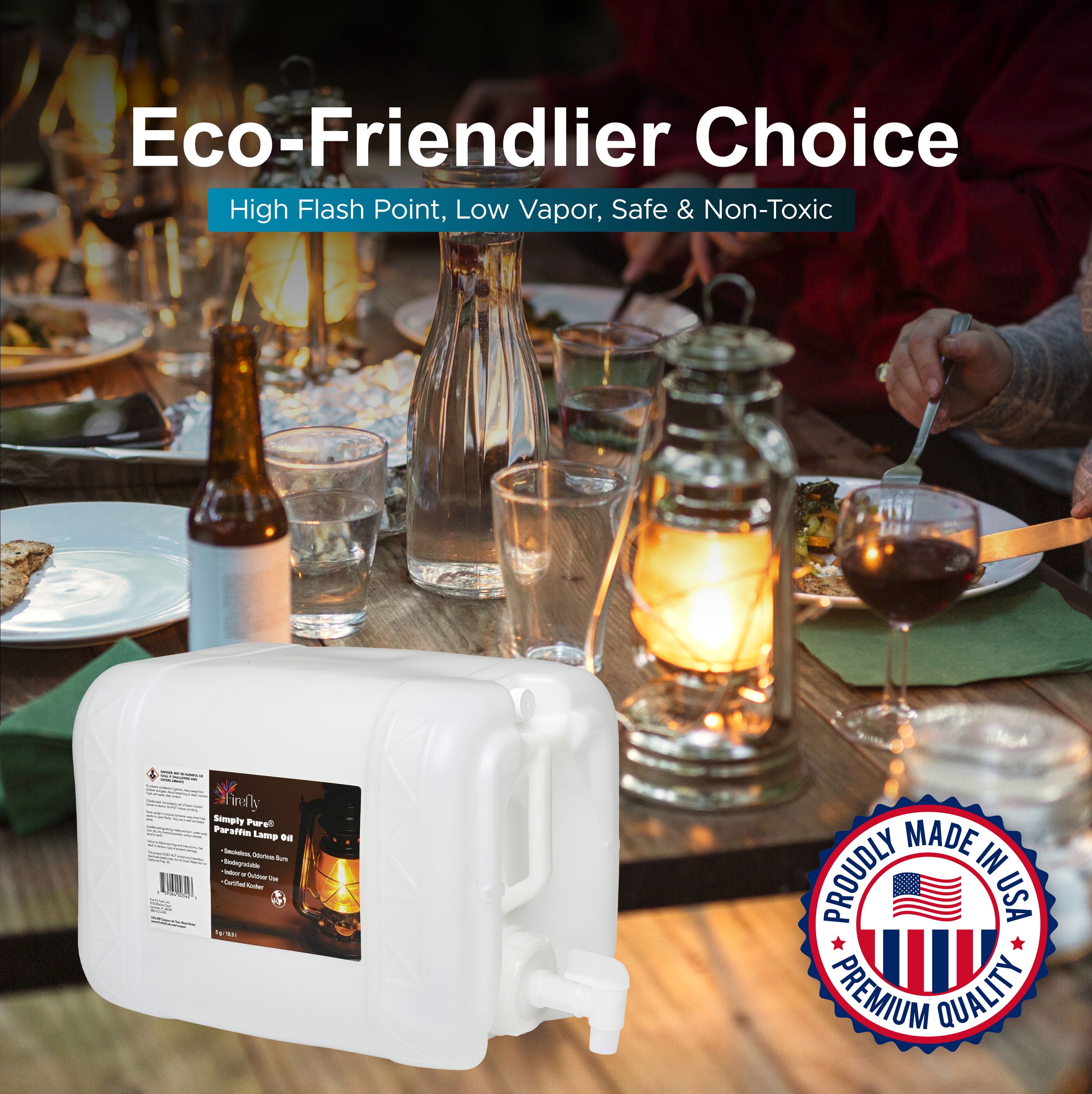 Firefly Bulk Kosher Lamp Oil, Virtually Odorless & Smokeless, Ultra Clean Burning Liquid Paraffin Fuel, 5 Gallons