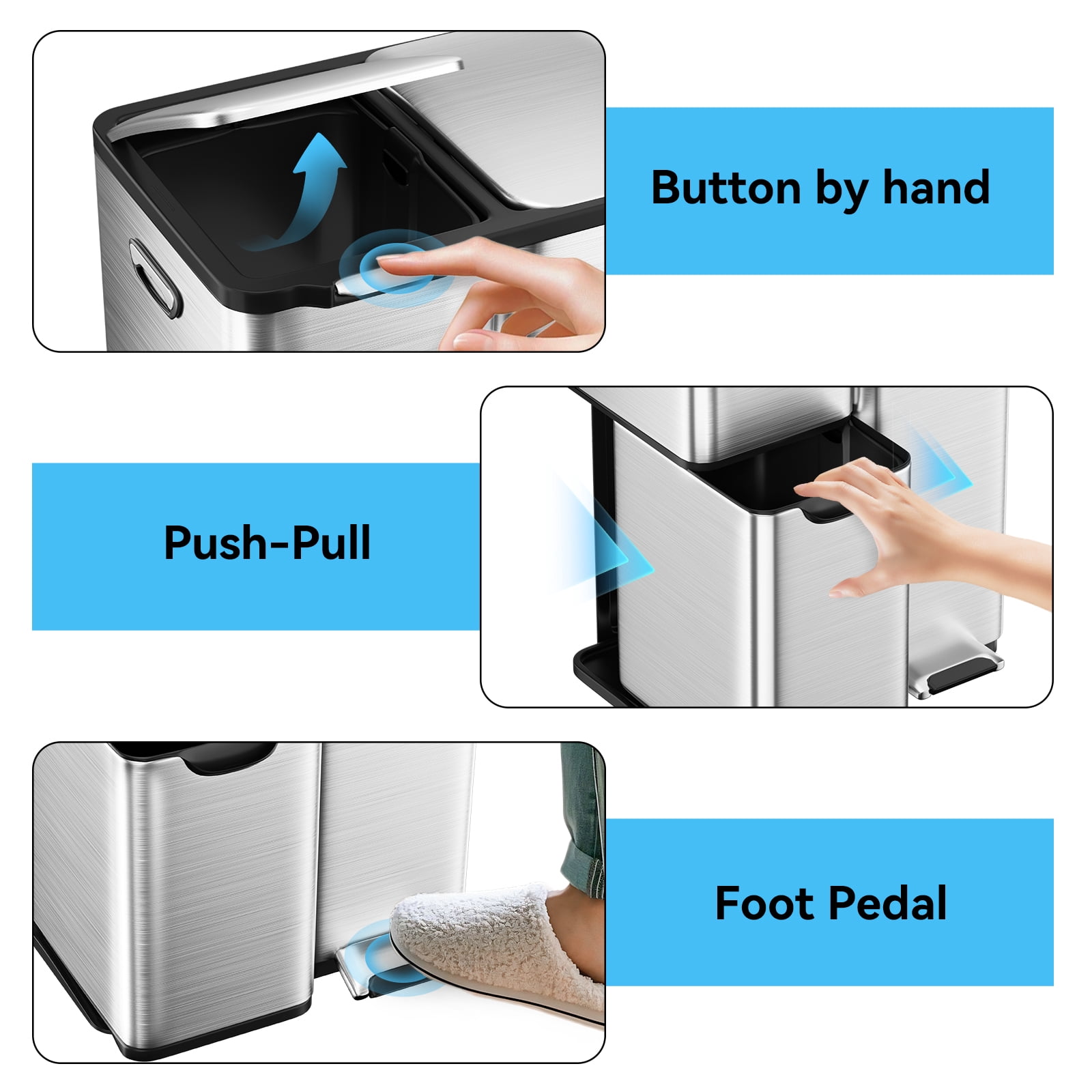 mVm 16 Gal 3 in 1 Kitchen Step Trash Can, Heavy Duty Anti Fingerprint Brushed Recycling Bin for Office