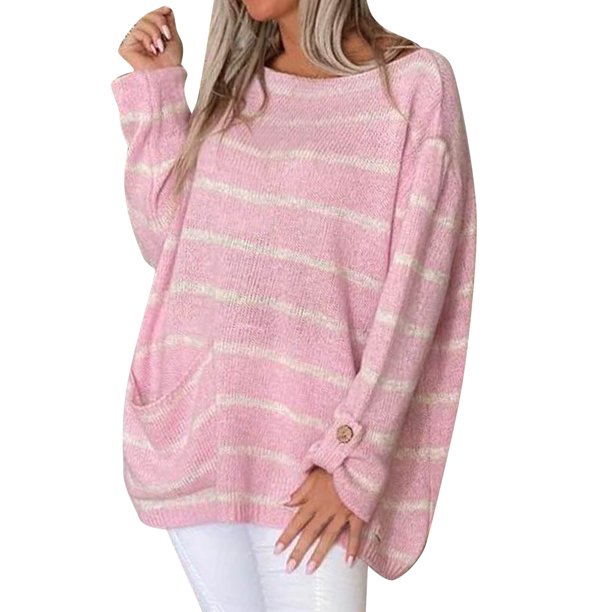 Gibobby SuéTer Para Mujeres Suéter suelto de cuello redondo con rayas en contraste de color sólido para mujer(Rosa,XG)