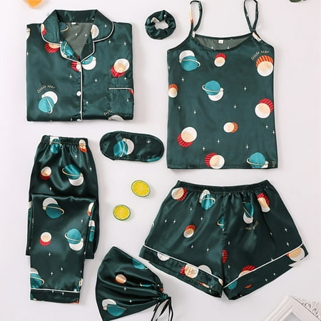 

Women‘s Planet Pattern Satin Multi-functional Pajamas Long-sleeved Tops Trousers Vest Shorts Eye Mask Turban Bag Bag Set