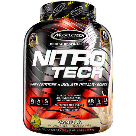 NitroTech Protein Powder Plus Muscle Builder, 100% Whey Protein with Whey Isolate, Vanilla, 40 Servings