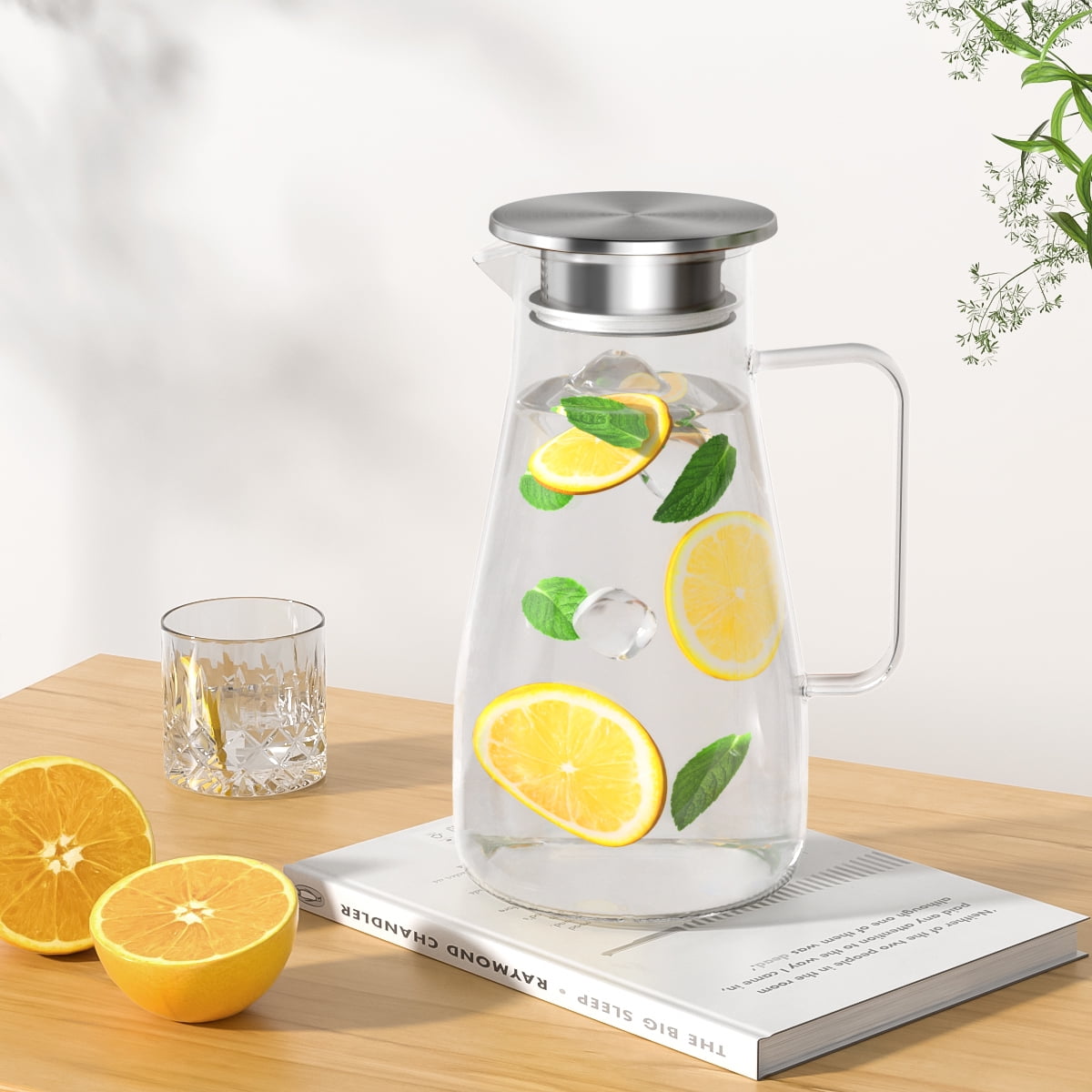 64 oz Glass Pitcher with Lid and Spout, 1.8L Heat & Cold Resistant Glass Water Carafe with Handle for Hot/Cold Water, Easy to Clean Large Drink Pitcher for Cold and Hot Beverage