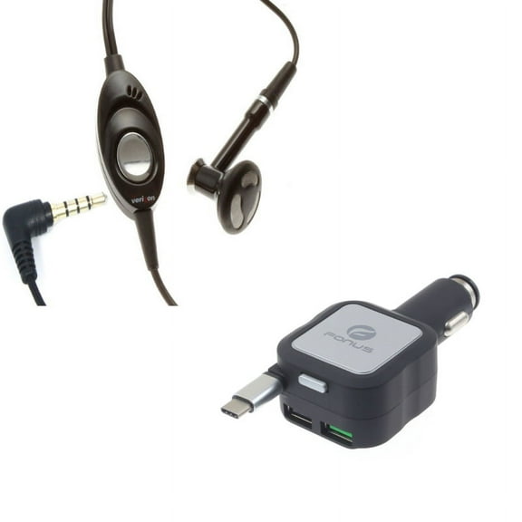 Wired Earphone Mono Headset w Retractable Car Charger Q6A for Microsoft Surface Go (10"), Lumia 950 - Motorola One, Moto Z4 Z2 Play X4 G7 Power Play G6 - Nokia 7.1, 8, 3.1 Plus - OnePlus 5T, 6