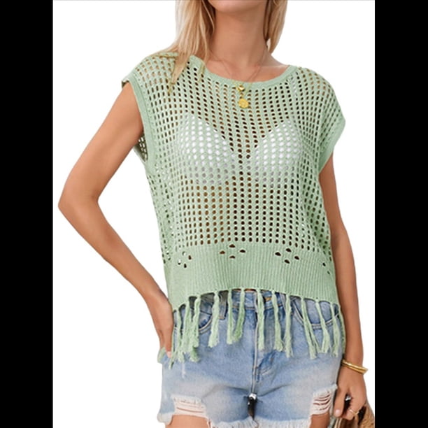 Top Corto de de Ganchillo con Borlas para Mujer, Sexy, de Corta, de Rejilla Transparente. Verde L