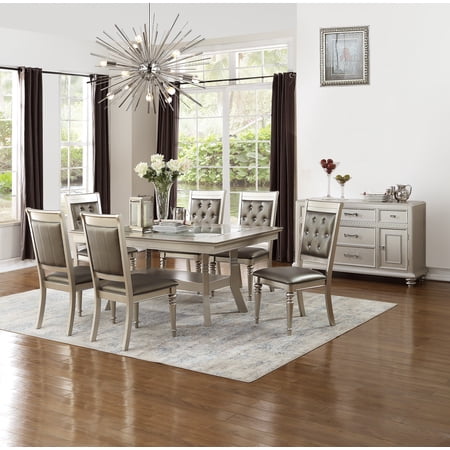 Traditional Formal Dining Table w Shelf 6x Side Chairs Tufted Back Seats Upholstered Kitching 7pc Silver Dining Room Furniture
