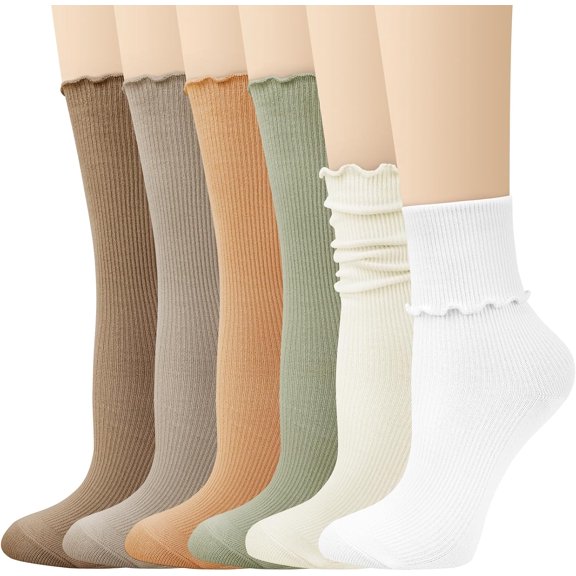 CoCoMangos 6 Pairs Ruffle Socks Soft Cute Frilly Turn-Cuff Long Casual Slouch Cotton Crew Socks for Women Gifts