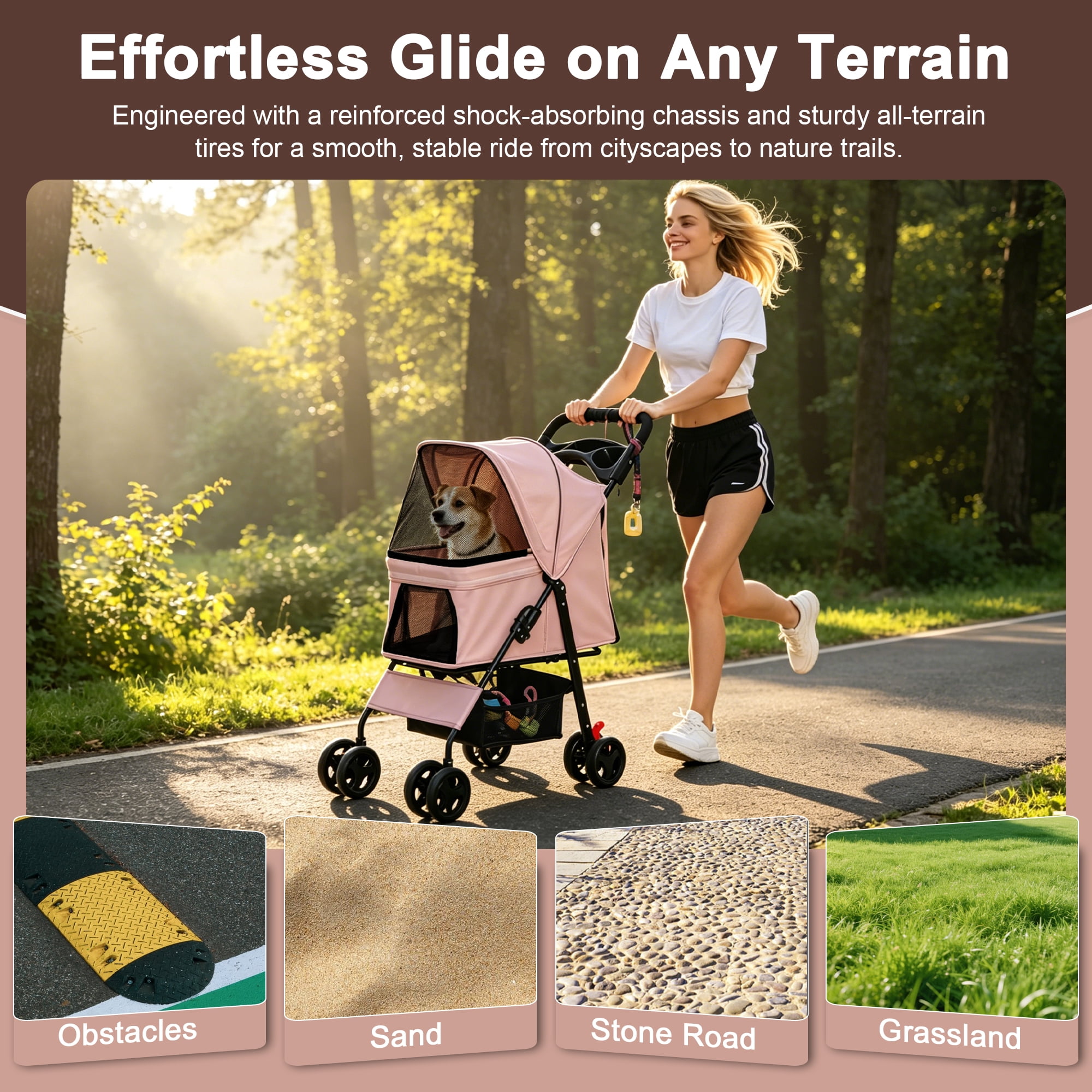 One-Click Foldable Pink Pet Stroller for Small Dogs & Cats, Holds Up to 28 LBS, Breathable Mesh, 360° Swivel Wheels with Lock Brakes, Storage Tray & Basket for Travel Walking