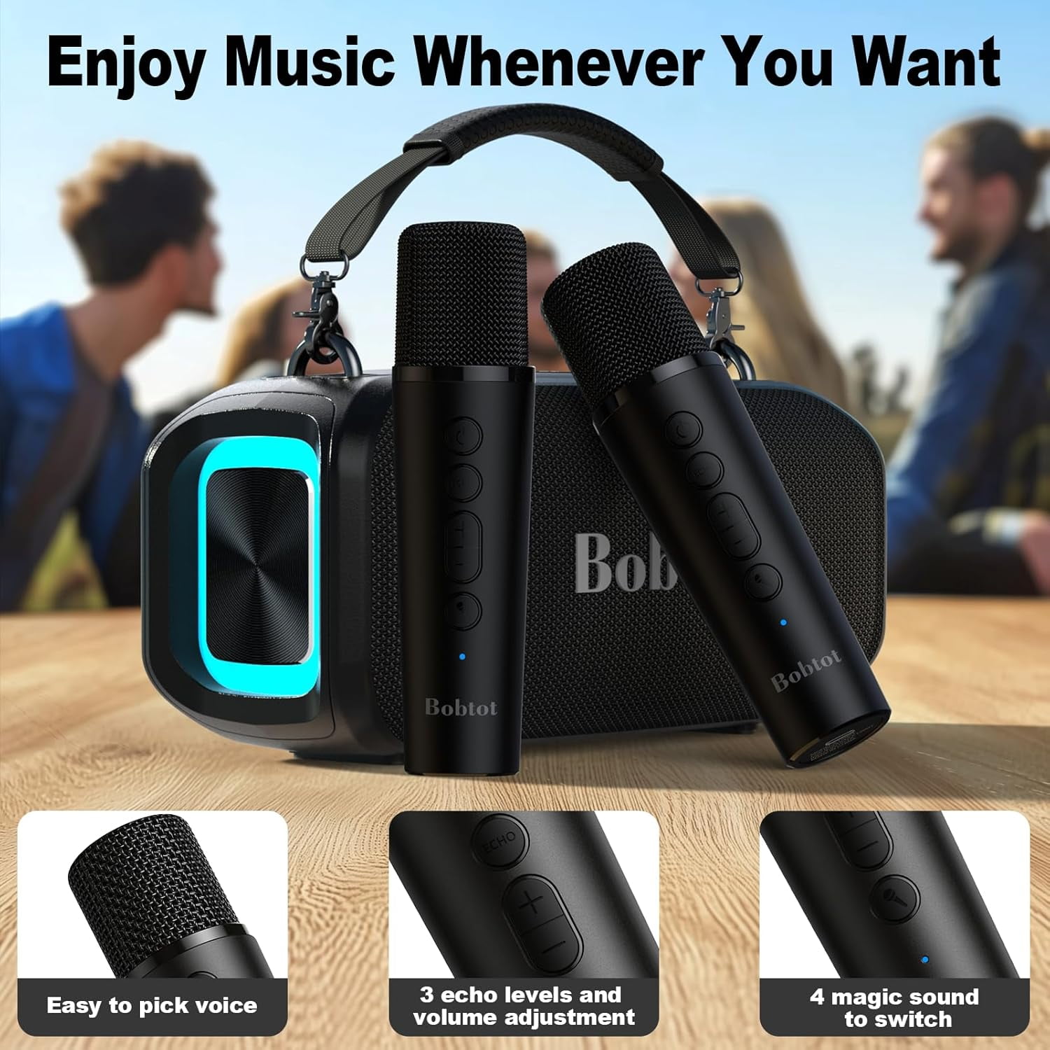Bobtot Portable Bluetooth Speaker with 2 Wireless Microphones IPX6 Waterproof Karaoke Machine Home Speaker System for Adults Kids Home & Outdoor Party with Handle and RGB
