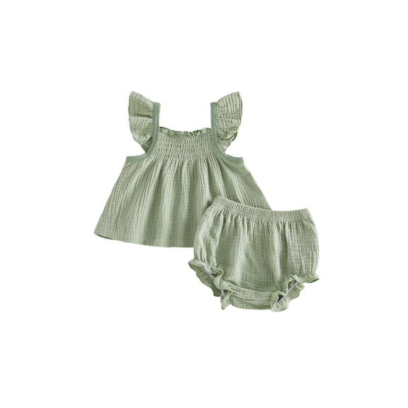 BemeyourBBs Toddler Baby Girl Summer Clothes Infant Baby Girl Cotton Smocked Outfit Solid Floral Flying Sleeve Ruffle Tank Tops and Shorts Set Little Girls 2 Piece Summer Outfit